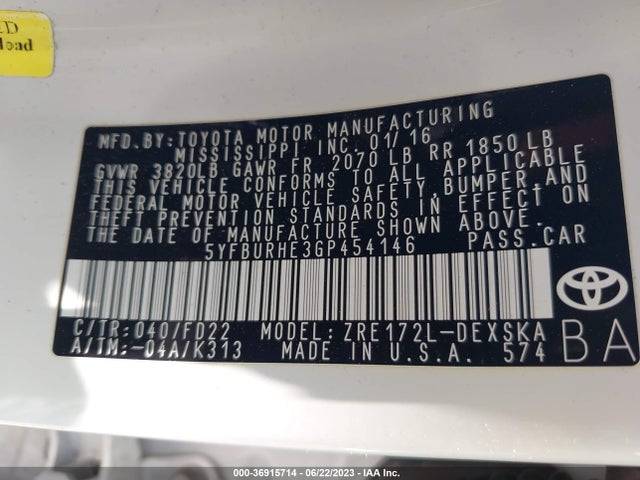 Toyota Corolla L/le/s/s Plus/le Plus 2016 5YFBURHE3GP454146 Image 15