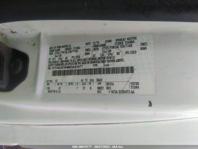2011 FORD ECONOLINE CARGO VAN COMMERCIAL/RECREATIONAL VIN: 1FTNE2EW4BDA41677