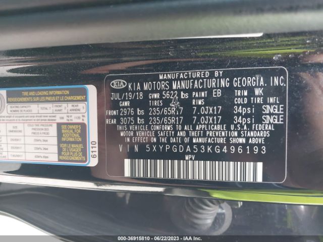 5XYPGDA53KG496193 KIA Sorento Lx V6