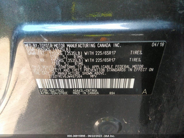 2018 TOYOTA RAV4 LE VIN: 2T3ZFREV6JW467564