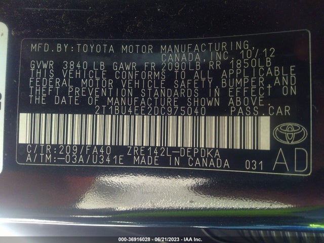 2013 TOYOTA COROLLA L/LE/S VIN: 2T1BU4EE2DC975040