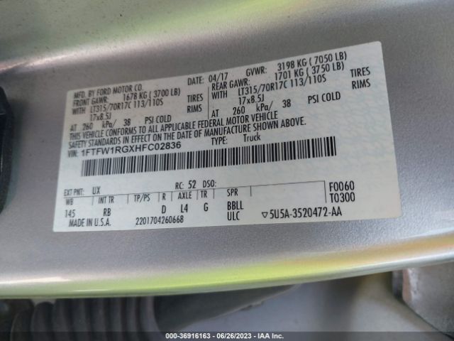 1FTFW1RGXHFC02836 Ford F-150 Raptor