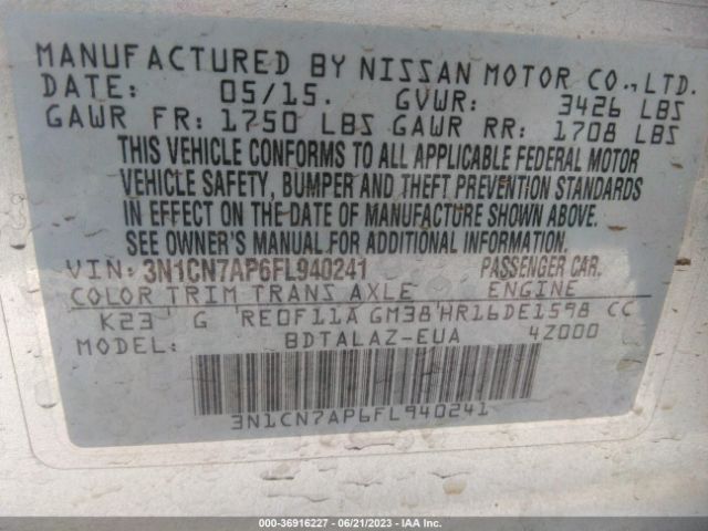 3N1CN7AP6FL940241 Nissan Versa S Plus