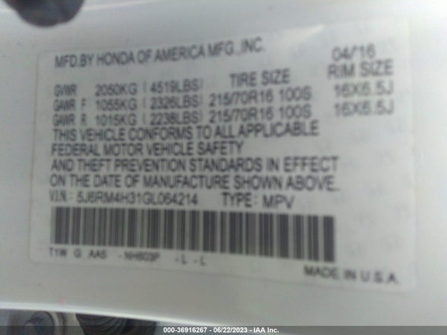 Honda CR-V LX 2016 5J6RM4H31GL064214 Image 9