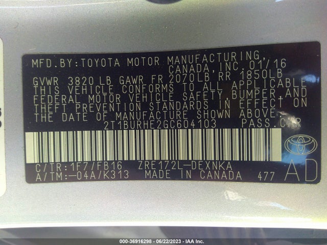 Toyota COROLLA LE 2016 2T1BURHE2GC604103 Image 16