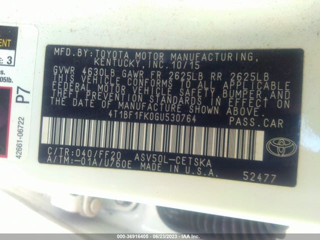 2016 TOYOTA CAMRY XLE/SE/LE/XSE VIN: 4T1BF1FK0GU530764