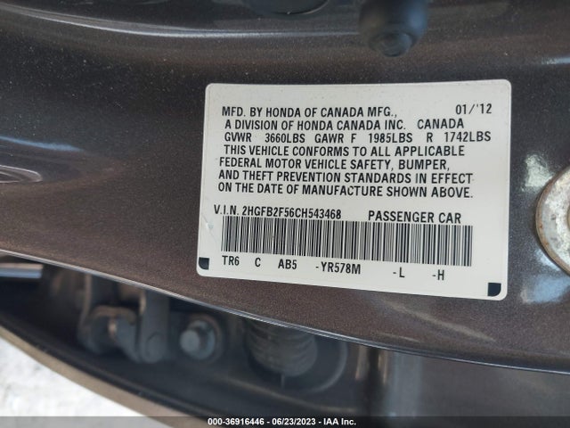 2012 HONDA CIVIC SDN LX VIN: 2HGFB2F56CH543468