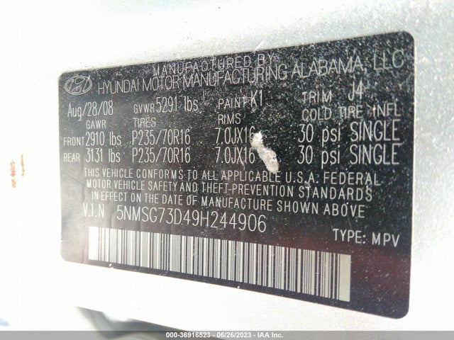 2009 HYUNDAI SANTA FE GLS VIN: 5NMSG73D49H244906