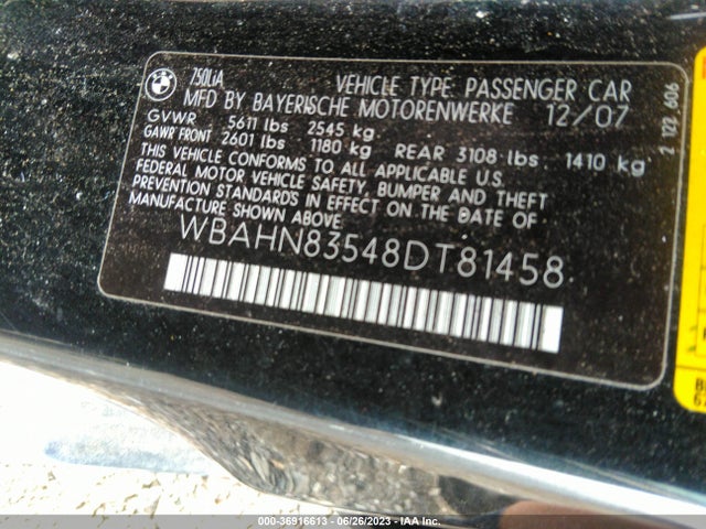 2008 BMW 7 SERIES 750LI VIN: WBAHN83548DT81458
