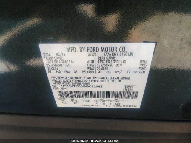2016 FORD EXPLORER XLT VIN: 1FM5K7D80GGC22642