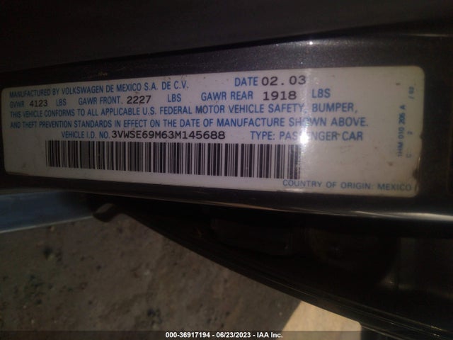 2003 VOLKSWAGEN JETTA SEDAN GLS VIN: 3VWSE69M63M145688