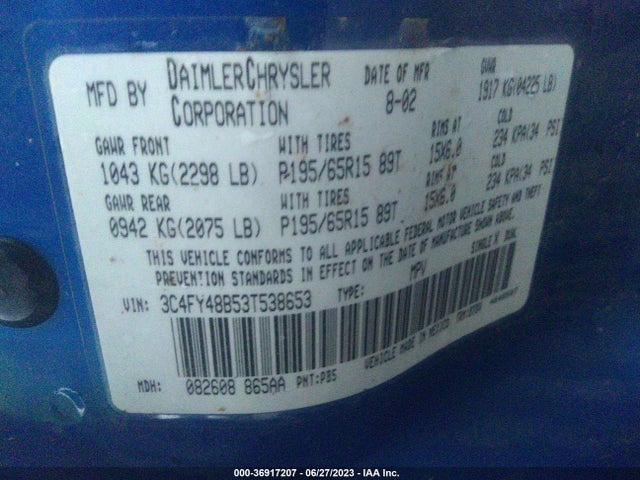 2003 CHRYSLER PT CRUISER VIN: 3C4FY48B53T538653