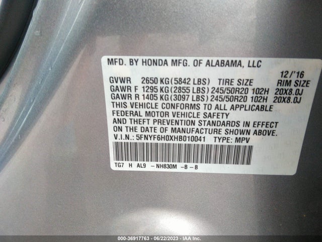 Honda Pilot Elite 2017 5FNYF6H0XHB010041 Image 9