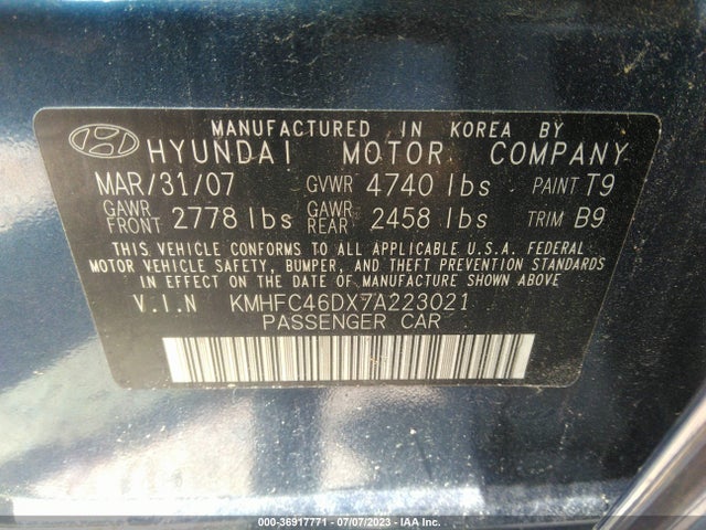 2007 HYUNDAI AZERA GLS VIN: KMHFC46DX7A223021