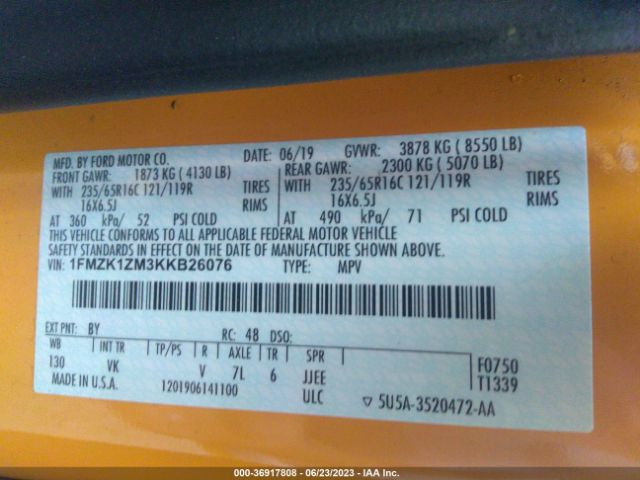 1FMZK1ZM3KKB26076 Ford Transit Passenger Wagon Xl/xlt