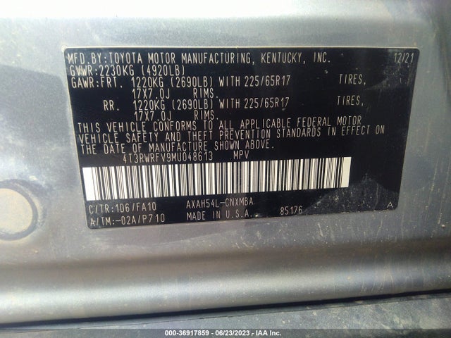 2021 TOYOTA RAV4 HYBRID XLE VIN: 4T3RWRFV9MU048613
