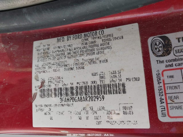 2010 FORD FUSION S VIN: 3FAHP0GA8AR202959