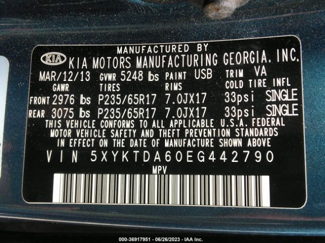 5XYKTDA60EG442790 KIA SORENTO LX