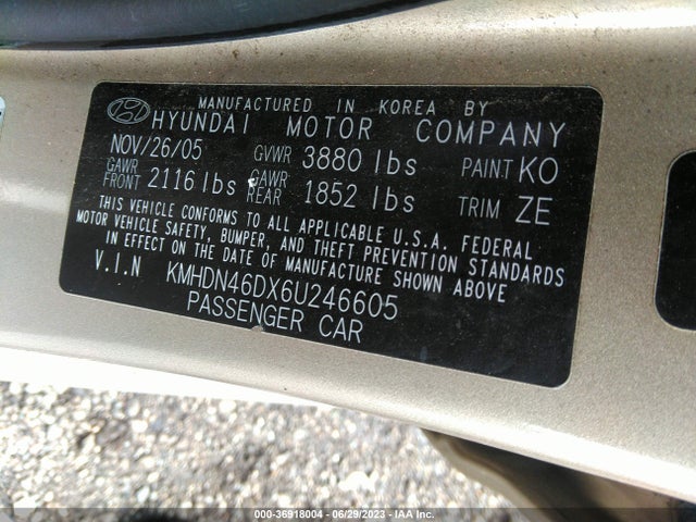 2006 HYUNDAI ELANTRA GLS/LIMITED VIN: KMHDN46DX6U246605