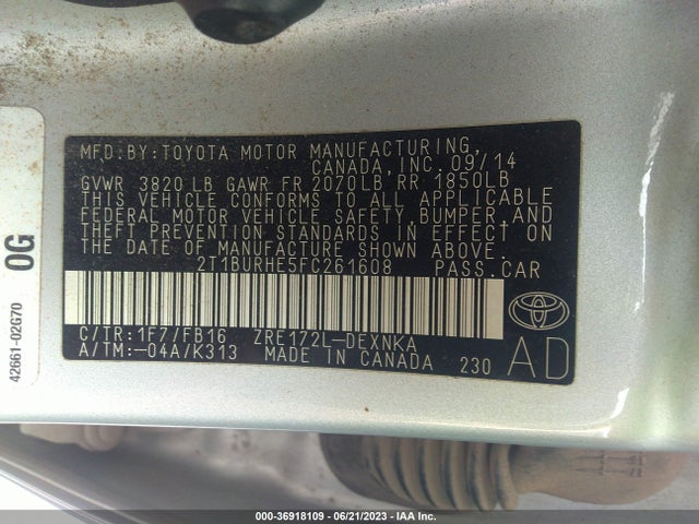 2015 TOYOTA COROLLA L/LE/S/S PLUS/LE PLUS VIN: 2T1BURHE5FC261608