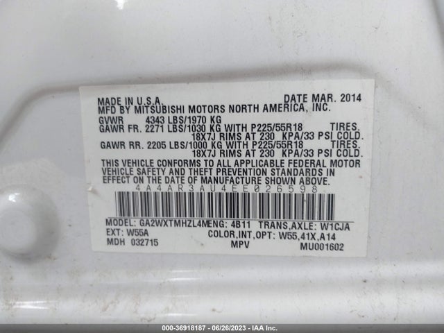 4A4AR3AU4EE026598 Mitsubishi Outlander Sport Es