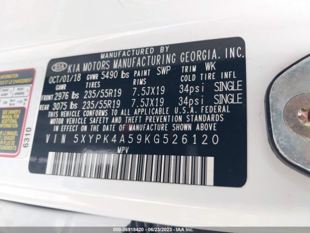 5XYPK4A59KG526120 KIA Sorento Sx V6