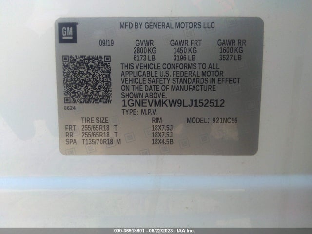 Chevrolet Traverse Lt Cloth 2020 1GNEVMKW9LJ152512 Image 9