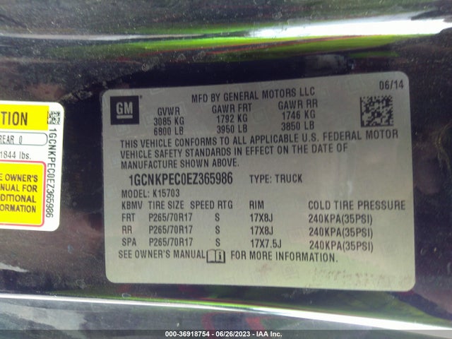 2014 CHEVROLET SILVERADO 1500 WORK TRUCK VIN: 1GCNKPEC0EZ365986