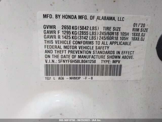 Honda Pilot Ex-l 2020 5FNYF6H58LB041258 Image 9