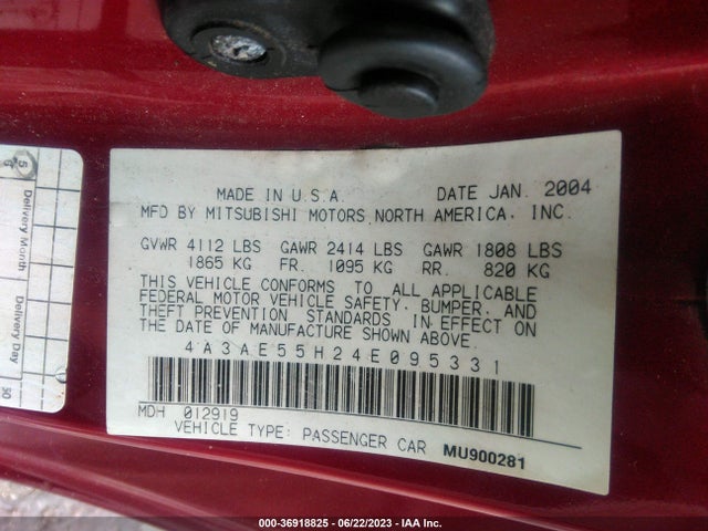 2004 MITSUBISHI ECLIPSE GT VIN: 4A3AE55H24E095331