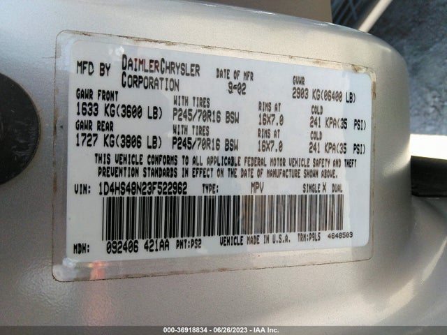 2003 DODGE DURANGO SLT VIN: 1D4HS48N23F522962