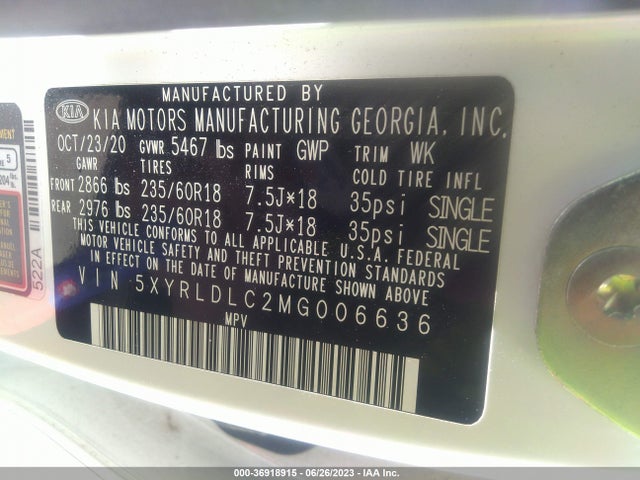 2021 KIA SORENTO S VIN: 5XYRLDLC2MG006636