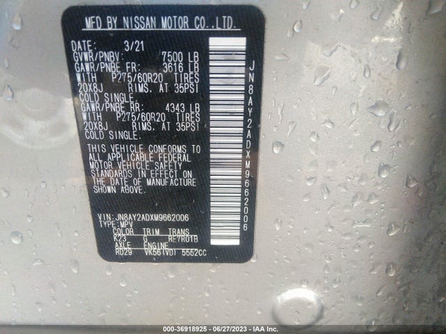 2021 NISSAN ARMADA SV VIN: JN8AY2ADXM9662006