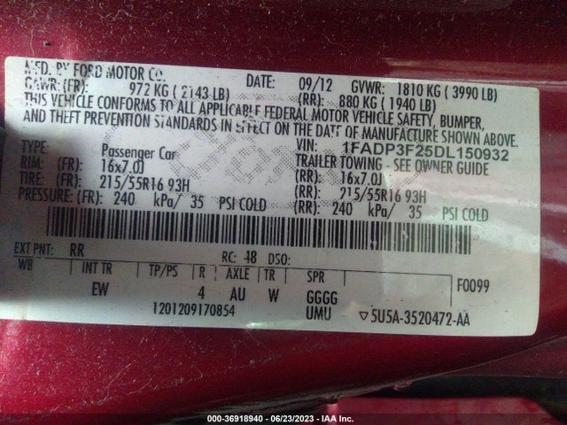 2013 FORD FOCUS SE VIN: 1FADP3F25DL150932