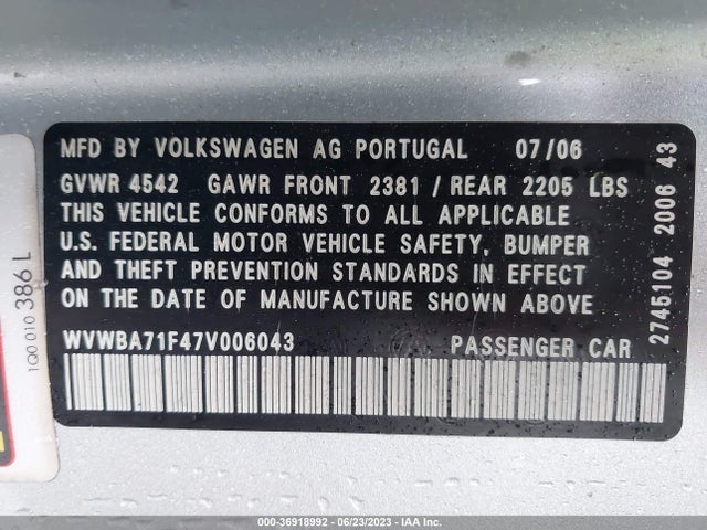 2007 VOLKSWAGEN EOS 2.0T VIN: WVWBA71F47V006043