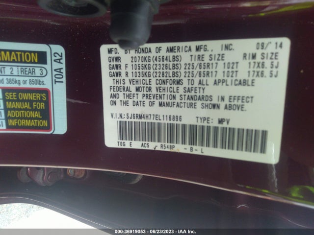 Honda Cr-v Ex-l 2014 5J6RM4H77EL116896 Image 9