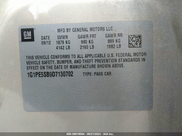 2013 CHEVROLET CRUZE 2LT VIN: 1G1PE5SB9D7130702