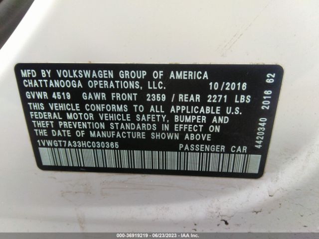 1VWGT7A33HC030365 Volkswagen Passat 1.8t Se