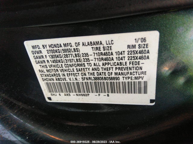 2006 HONDA ODYSSEY TOURING VIN: 5FNRL38806B058890