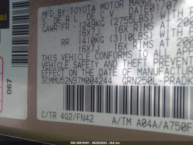2007 TOYOTA TACOMA VIN: 3TMMU52N97M004244