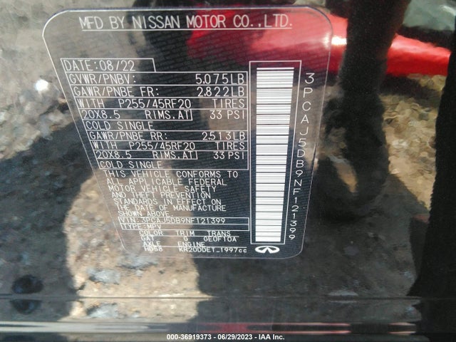 2022 Infiniti QX50, VIN: 3PCAJ5DB9NF121399
