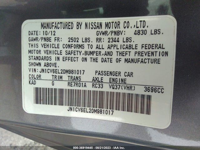 2013 INFINITI G37X VIN: JN1CV6EL2DM981017