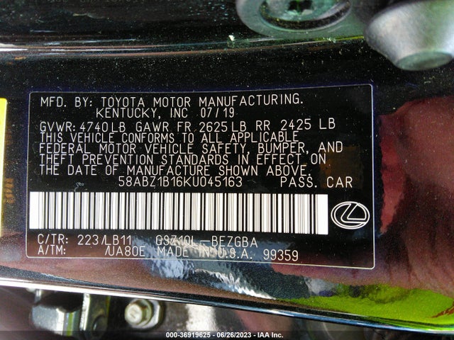 2019 LEXUS ES ES 350 VIN: 58ABZ1B16KU045163