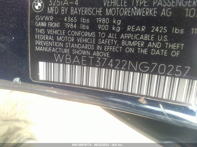 2002 BMW 3 SERIES 325I VIN: WBAET37422NG70257