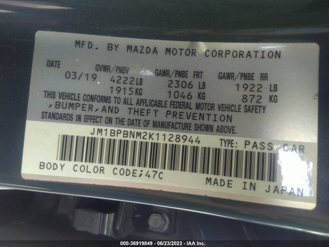 2019 MAZDA MAZDA3 HATCHBACK W/PREMIUM PKG VIN: JM1BPBNM2K1128944