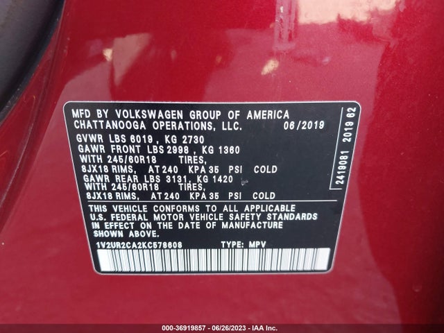 1V2UR2CA2KC578608 Volkswagen Atlas 3.6l V6 Se W/technology
