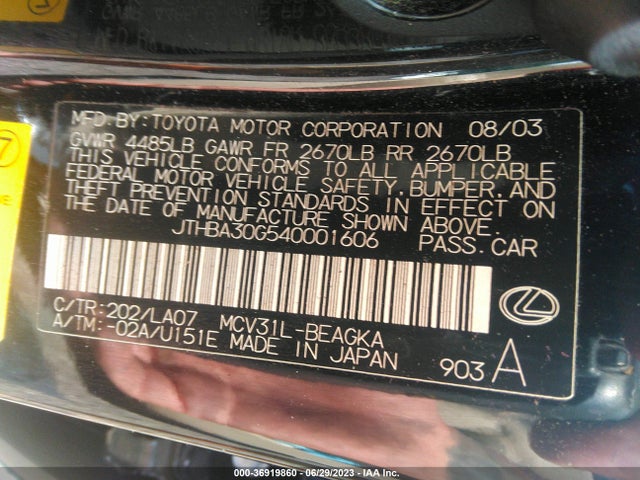 2004 LEXUS ES 330 VIN: JTHBA30G540001606