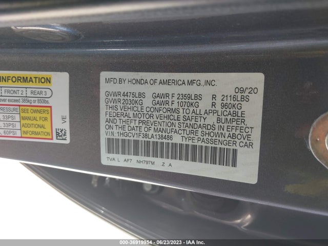 2020 HONDA ACCORD SEDAN SPORT VIN: 1HGCV1F38LA138486