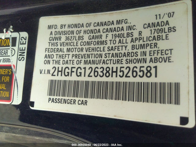 2008 HONDA CIVIC CPE LX VIN: 2HGFG12638H526581