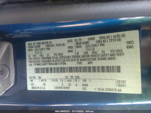 Ford ESCAPE S 2019 1FMCU0F75KUB11706 Image 16